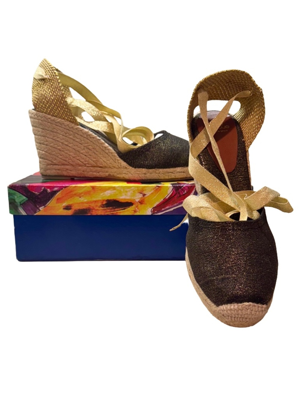 Andre Assous NWB Espadrille Canvas Black & Gold Metallic Tie Wedge Size 9 (39)
